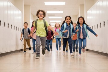 Obraz premium Excited diverse elementary students running down a bright school hallway with lockers