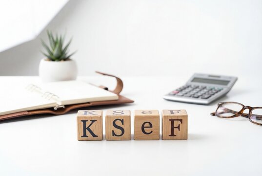 Wooden alphabet blocks spelling ksef on a white office desk with calculator and glasses