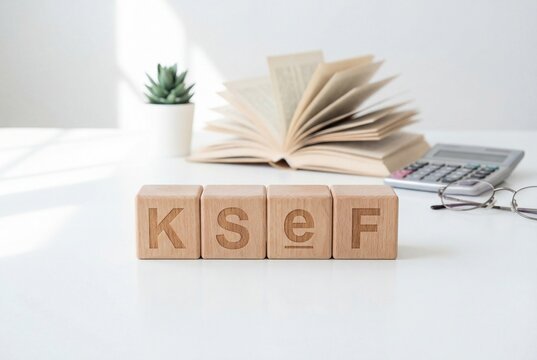 Wooden alphabet blocks spelling ksef on a white office desk