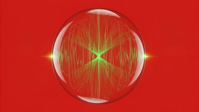 Abstract sound wave visualization inside a transparent sphere with neon light flares