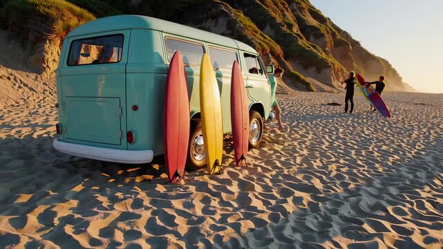 Golden hour illuminates surfers preparing their surfboards next to a vintage van parked on a sandy beach, captured in a captivating slow motion sequence
