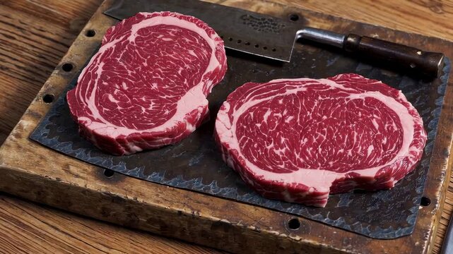 Premium wagyu beef steaks are artfully arranged on a cutting board next to a cleaver, ready for preparation in a captivating slow motion sequence