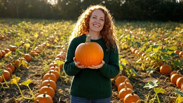 Smiling redhead holds a pumpkin in a field with rows of pumpkins, sunlight shining