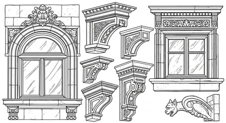 Architectural Elements Vintage Drawing Collection. © Nayla