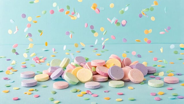 Colorful easter candy and confetti on a pastel blue background