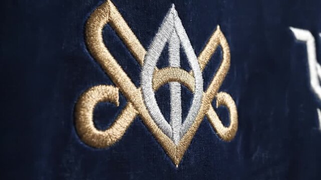 Metallic embroidered monograms and symbols on dark blue velvet fabric