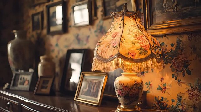 A warmly lit, vintage lamp creates a cozy and inviting atmosphere. Perfect for illustrating themes of nostalgia, home decor, and comfortable living sp