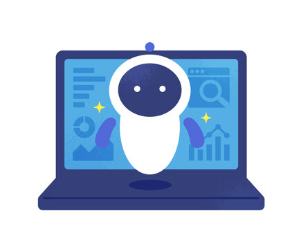 AIによるデータ解析・モニタリングのイメージ。グラフや数値を調査するAIのベクターイラスト素材。