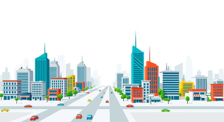 Modern cityscape with skyscrapers and road vector illustration