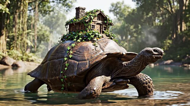 Giant tortoise with house on shell in a jungle river