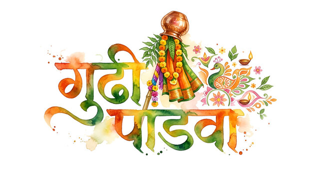 Gudi padwa hindi typography on white background.