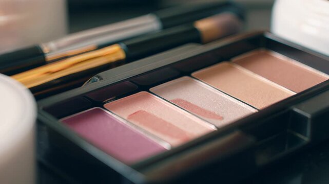 Macro shot of a makeup brush picking up eyeshadow from a colorful palette