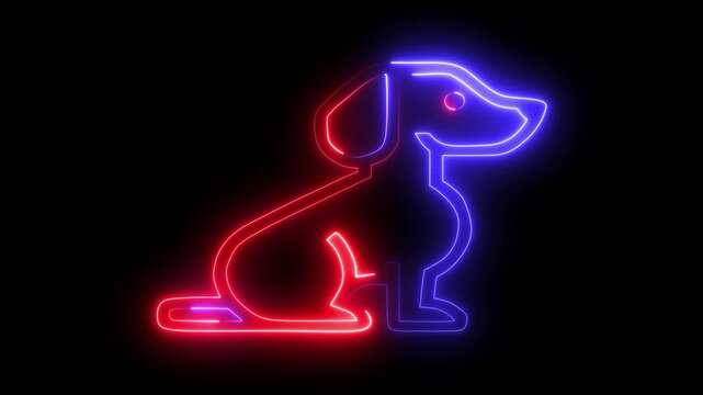 Bright neon dog on a dark background. 4k video