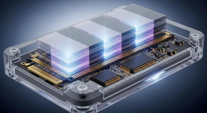 Advanced internal components of a modern solid state drive SSD with glowing memory chips and circuit board inside a transparent casing illustrating data storage technology