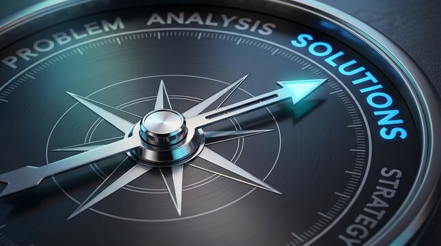 Solutions compass interface on dark background symbolizing problem analysis, strategic thinking, decision making, innovation planning, and effective business direction.