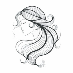 Elegant line art illustration of a woman's profile with flowing, stylized hair, evoking beauty and grace