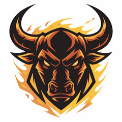 Fiery bull head mascot vector illustration, symbolizing strength, power, and determination, perfect for sports teams, e-sports logos, or aggressive brand identities