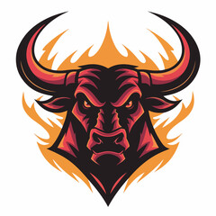 Fierce Bull Head Illustration with Flaming Aura Symbolizing Power and Aggression