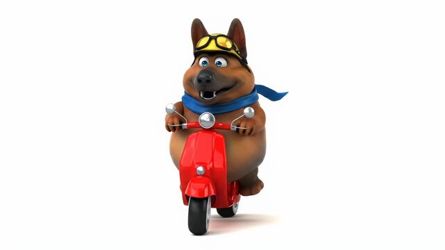 Animated German Shepherd Dog Riding a Red Scooter Wearing Goggles and Scarf