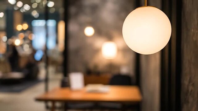 A glowing spherical light fixture hangs in a modern blurred interior space.