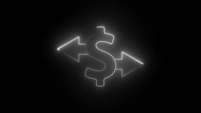 Glowing neon dollar sign with two arrows on black background symbolizing finance and exchange neon sign