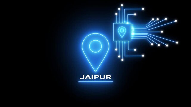 Glowing Blue Map Pin Jaipur Location with Circuit Board on Dark Background Technology Navigation Concept