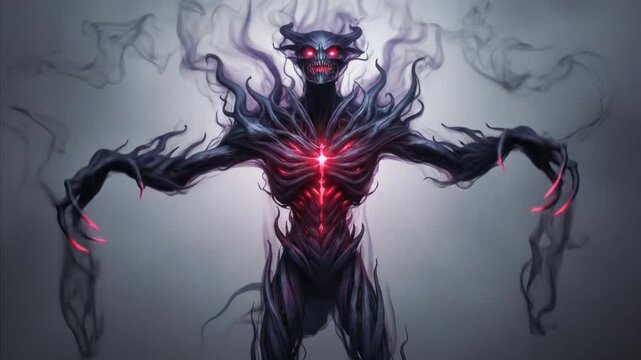 Fearsome Dark Creature with Glowing Red Core and Smoke Tendrils