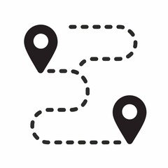 Illustrative concept of travel and navigation with two distinct location pins connected by a dotted line, representing a route or journey