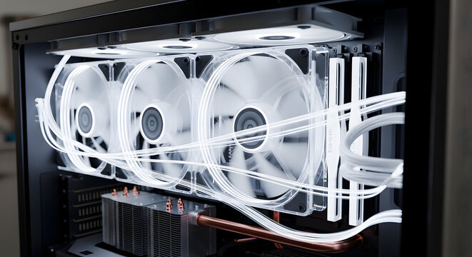 Custom computer cooling system with illuminated white fans and copper pipes inside a sleek black PC case