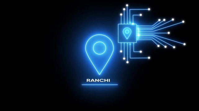 Glowing Blue Map Pin and Circuit Board Animation with R A N C H I Text on Dark Background for Technology and Navigation Concepts