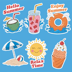 Set of cartoon stickers with summer-themed illustrations, perfect for invitations, scrapbooking, or social media posts with a fun and festive vibe