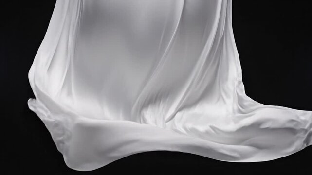 Elegant white fabric flowing gracefully and rippling in the wind against a dark