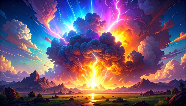 A vibrant storm cloud erupts with lightning over a mountainous landscape at sunset with firefly glowing.