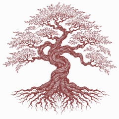 Intricate hand-drawn illustration of an ancient, gnarled tree with twisting trunk and extensive roots, symbolizing enduring life, strength, and nature's wisdom