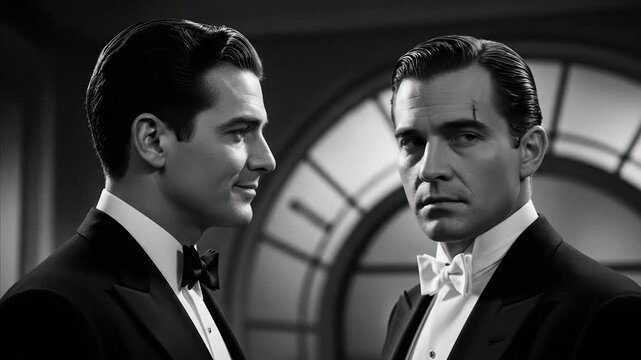 Vintage Gentlemen Facing Each Other in Tuxedos, Black and White Portrait