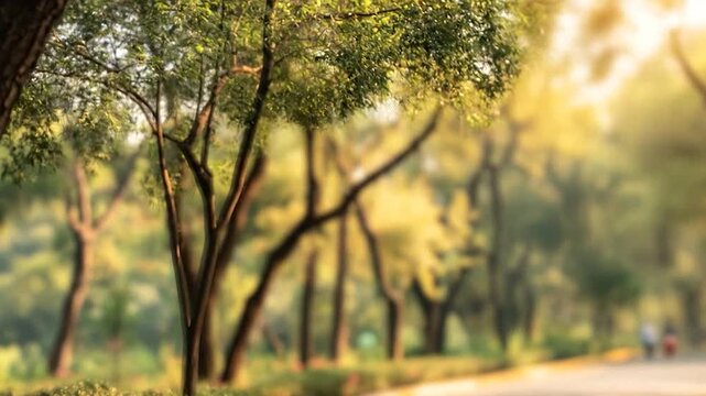 Sunlight filters through lush green trees lining a peaceful park pathway