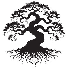 Dramatic silhouette of an aged, gnarled tree featuring a magnificent canopy and intricate root system, embodying profound strength, natural beauty, and the cycle of life