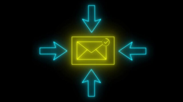 Glowing Neon Email with Arrows on Black Background Symbolizing Communication and Direction neon email glowing arrows