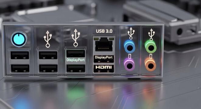 Close up of a computer motherboard rear panel with various ports including USB 3.0 DisplayPort and HDMI connectors illuminated