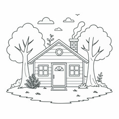 Charming Rustic House Surrounded by Lush Trees and Nature in a Whimsical Line Drawing Style