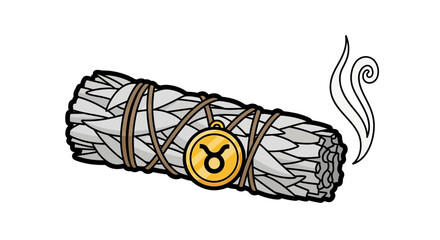 Aromatic white sage smudge stick burning, adorned with a golden Taurus zodiac sign, for astrological alignment and spiritual cleansing