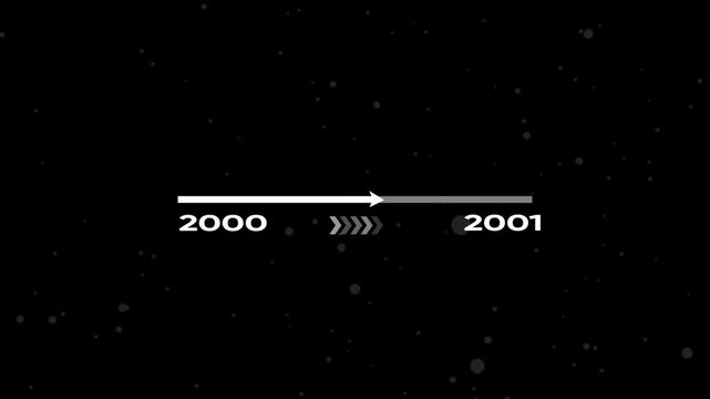 Timeline animation with arrow moving from 2000 to 2001 on black background with particles year timeline