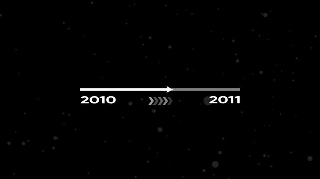 Timeline with arrow pointing to the right from 2010 to 2011 on black background with gray dots timeline template