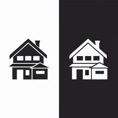 Modern vector icon of a residential house with gabled roof and chimney, shown in black and white for versatile real estate and home designs