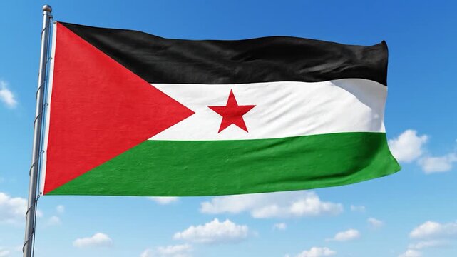 The national flag of Western Sahara proudly waves against a clear blue sky.