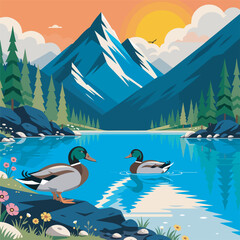 A serene lakeside landscape with two mallard ducks, majestic mountains, and pine trees under a vibrant sunset, capturing the tranquility of wilderness