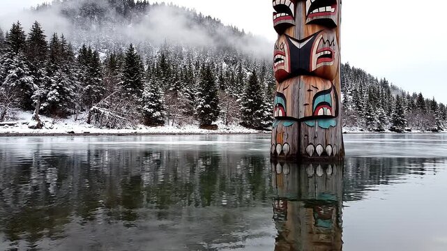 Totem pole by calm lake water.