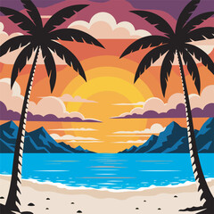 Vibrant tropical beach sunset illustration. Palm trees frame a serene ocean vista with distant mountains and a colorful sky, creating idyllic island paradise