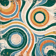 Groovy abstract vintage swirl pattern with a distressed texture, featuring retro concentric circles and wavy lines in a 60s-inspired color scheme