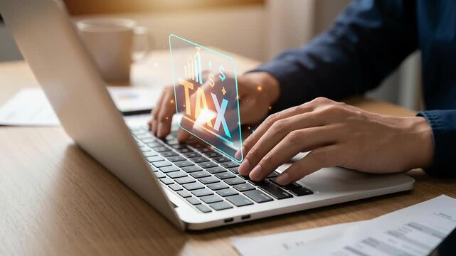 businessman typing on laptop keyboard with tax hologram property tax contract compliance in real estate transaction process for financial business document management